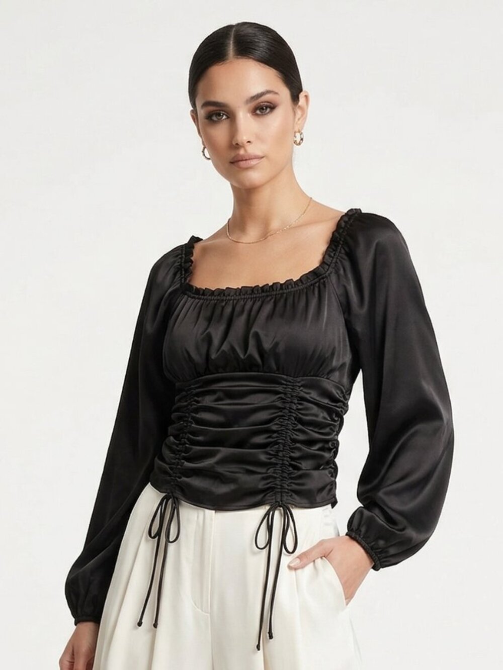 Almost Famous Blouse Satin Ruched Smocked Goth Grunge Party Club 1X NWT